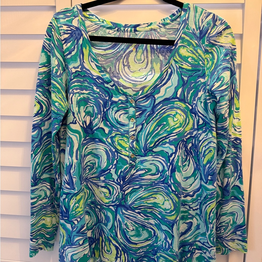 Lilly Pulitzer Blue Graphic Long Sleeve Blouse